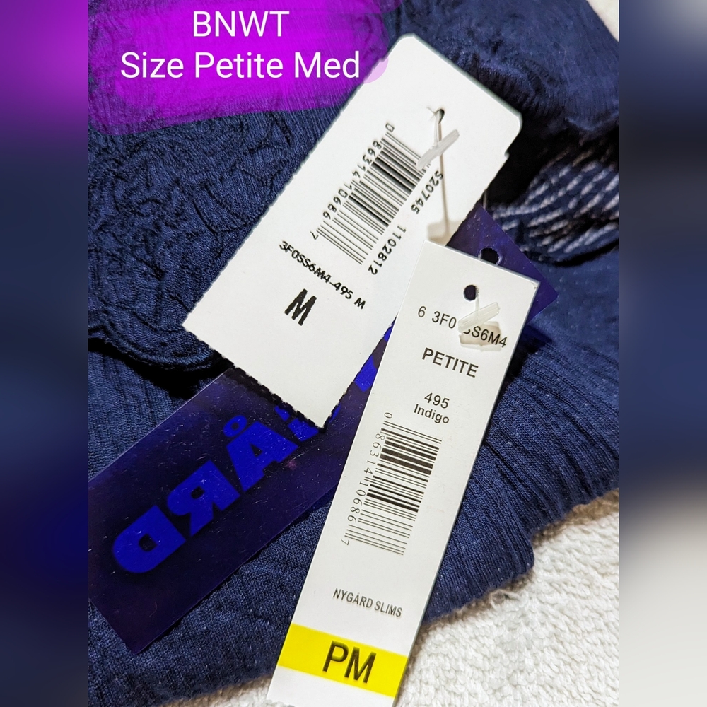 NyGard brand size Petite Med BNWT, off the shoulder flowy, indigo shirt - Picture 13 of 13